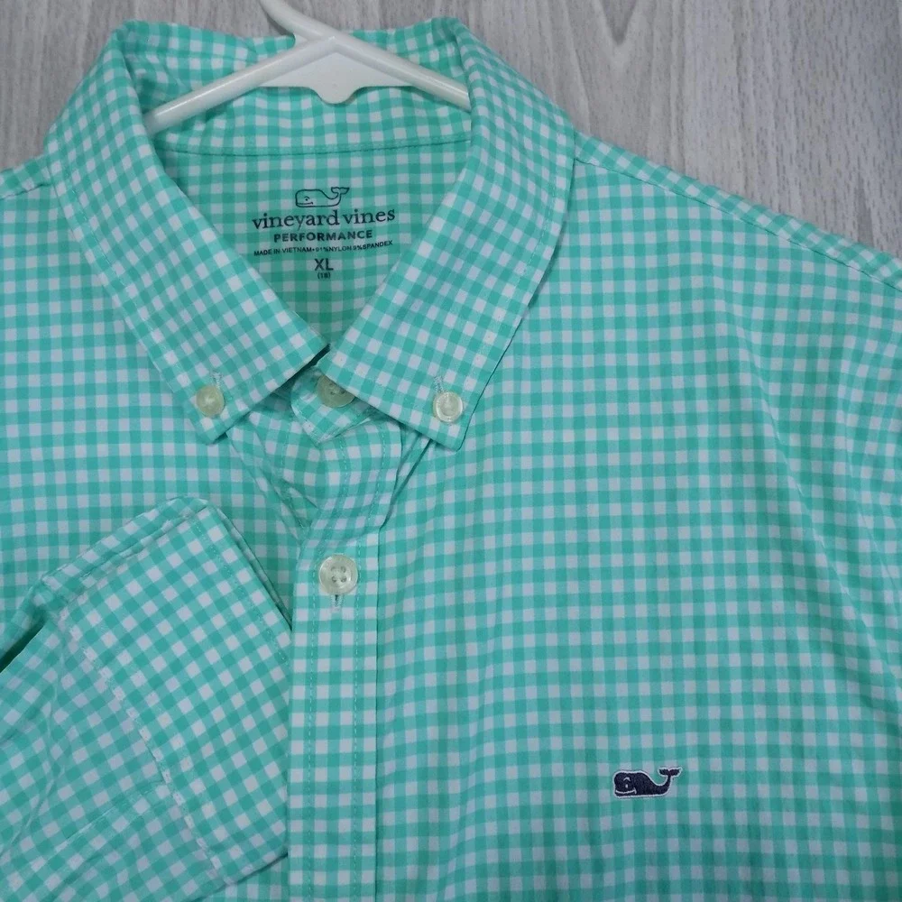 Vineyard Vines Performance Gingham Button Down Shirt Boys XL 18 Green White